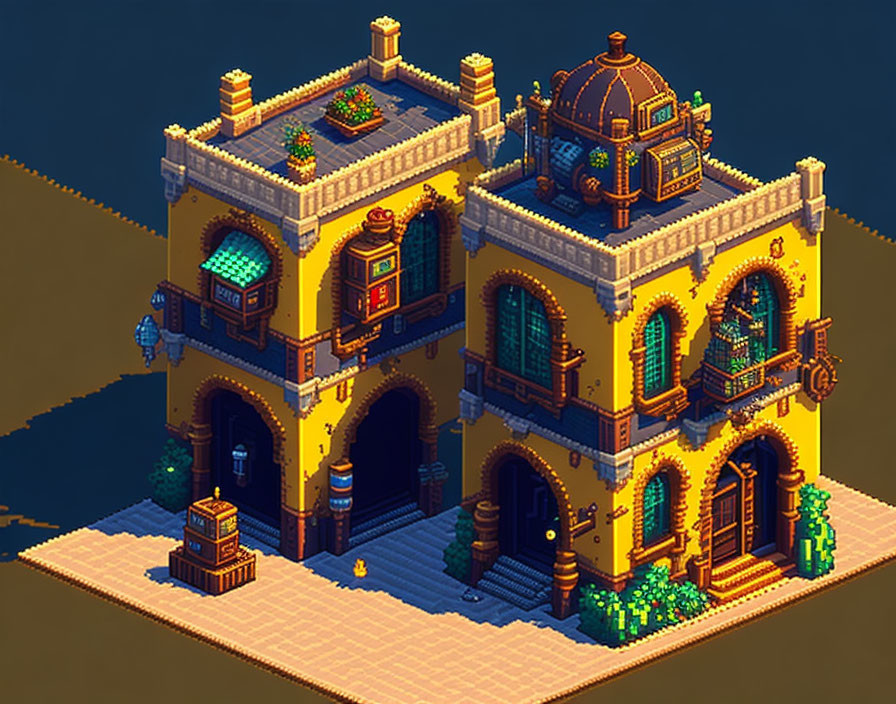 Detailed Pixel Art of Vibrant Yellow Spanish-Style Villa