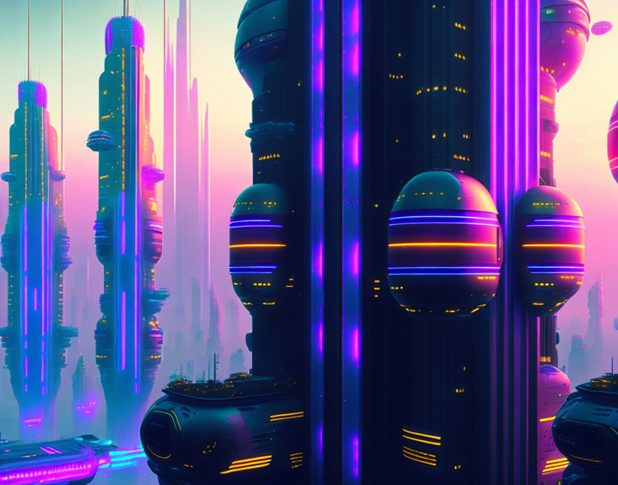 Neon-lit skyscrapers in futuristic cityscape at twilight