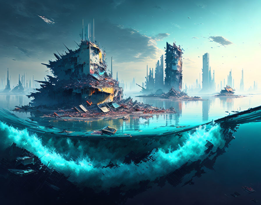 Futuristic ruins in tranquil water setting with advanced skyscrapers remnants - shades of blue and aqu