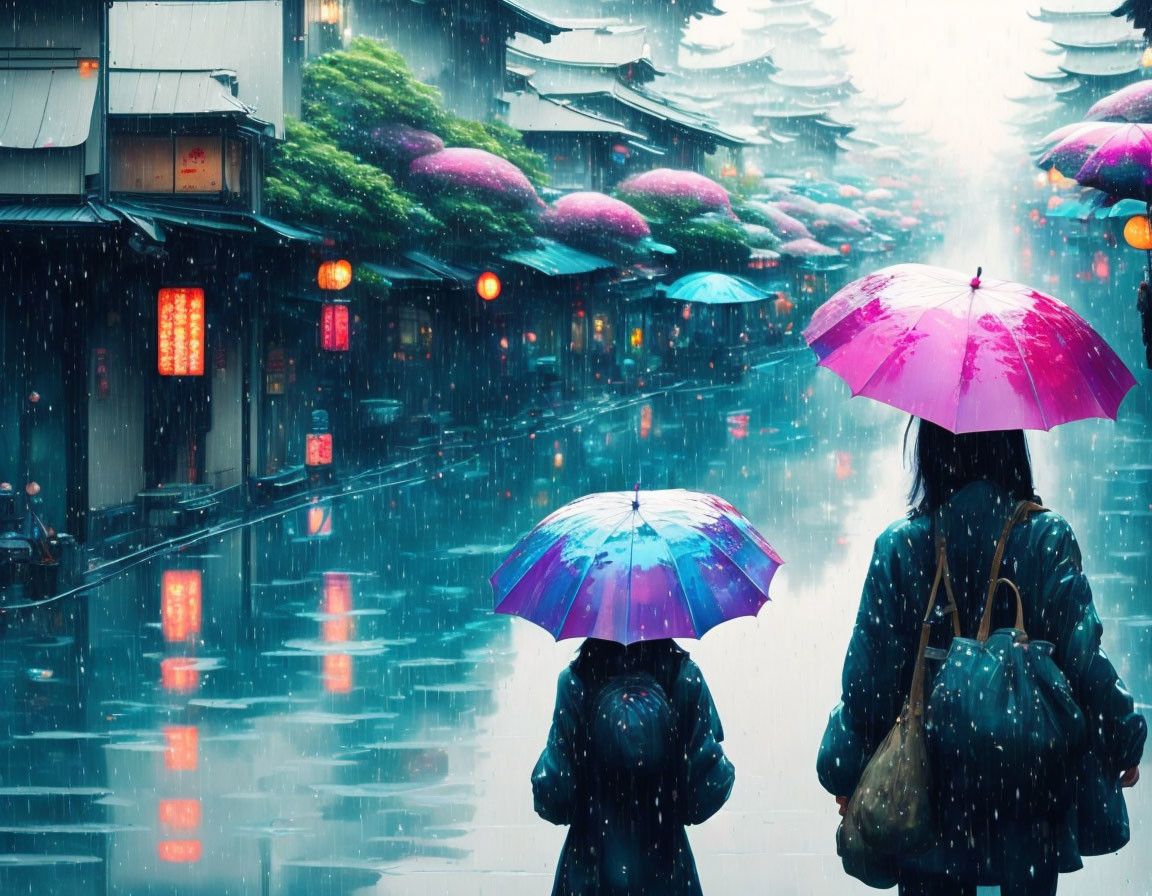 Rainy city street scene with people and umbrellas, colorful lights, and greenery