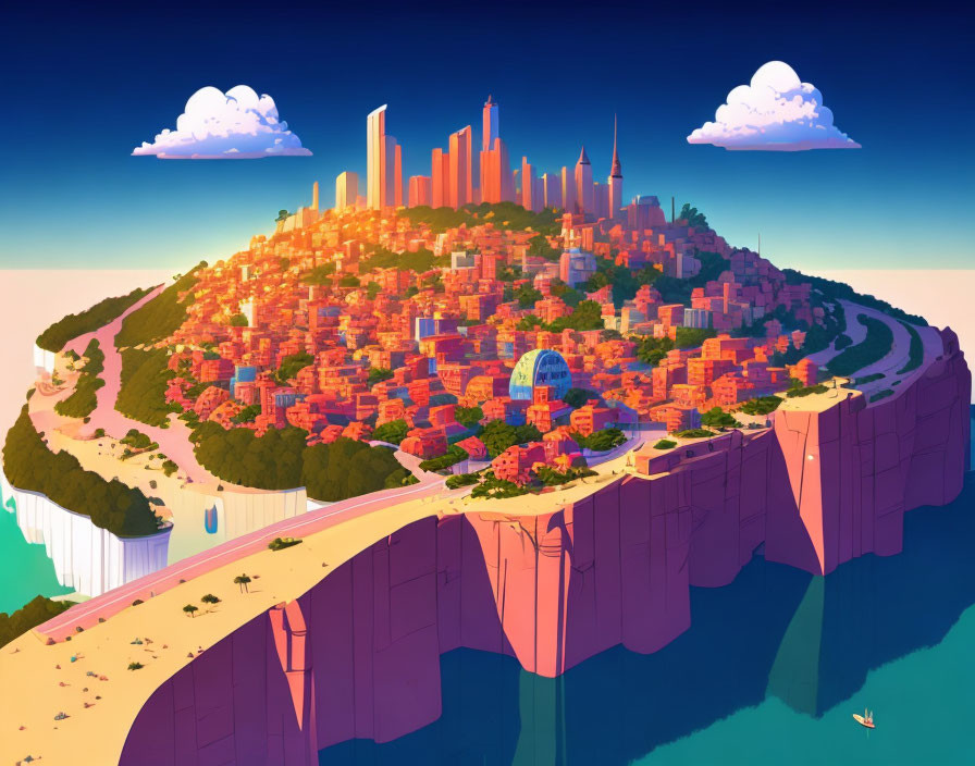 Vibrant futuristic cityscape on clifftop with skyscrapers, dome, sea,