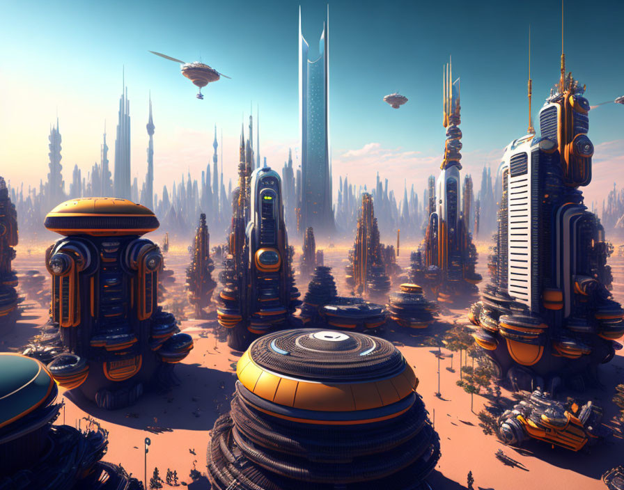 Futuristic cityscape with skyscrapers, flying vehicles, and warm orange hue.