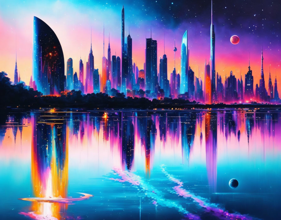Futuristic city skyline at sunset with celestial reflections