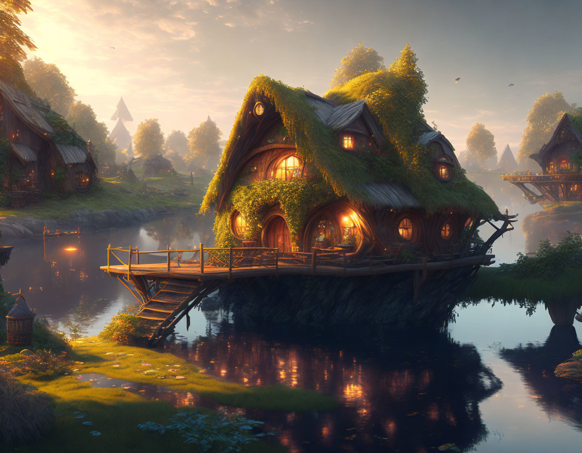 Thatched Roof Cottage on Lakeside at Dusk