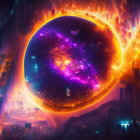 Vibrant digital artwork: surreal scene with glowing sphere, fiery structures, cosmic cityscape