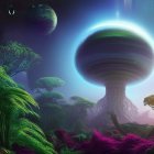 Vibrant green and purple alien forest under night sky with large planet and stars