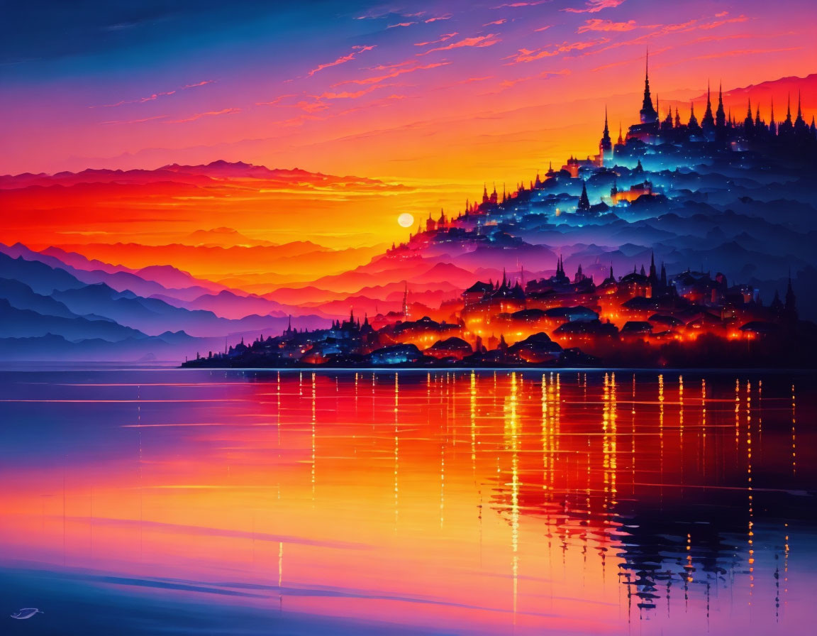 Colorful sunset over calm water with temple silhouettes