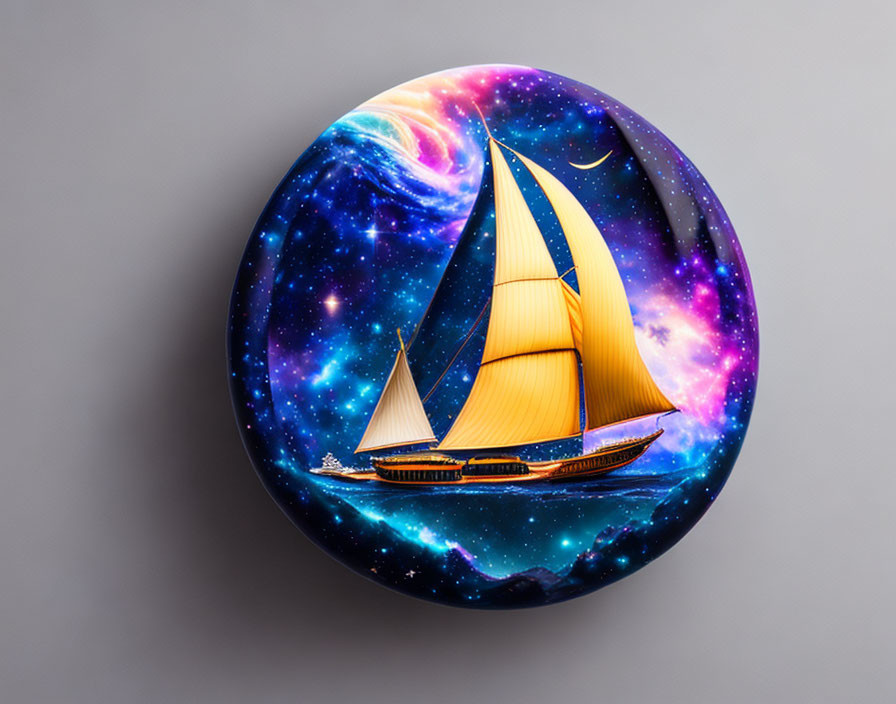 Surreal sailboat on cosmic waters with stars and moon in circular frame