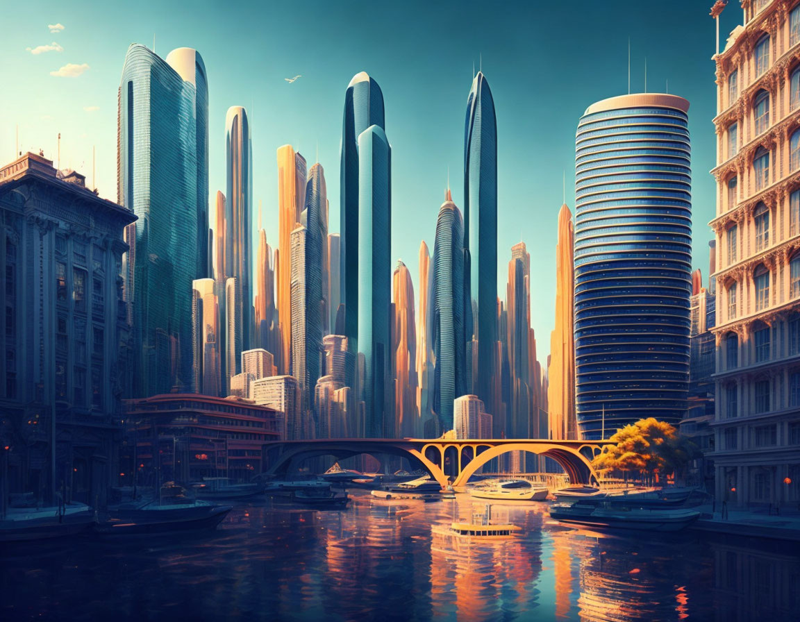 Futuristic cityscape with skyscrapers, river, bridges, and boats under warm glowing sky