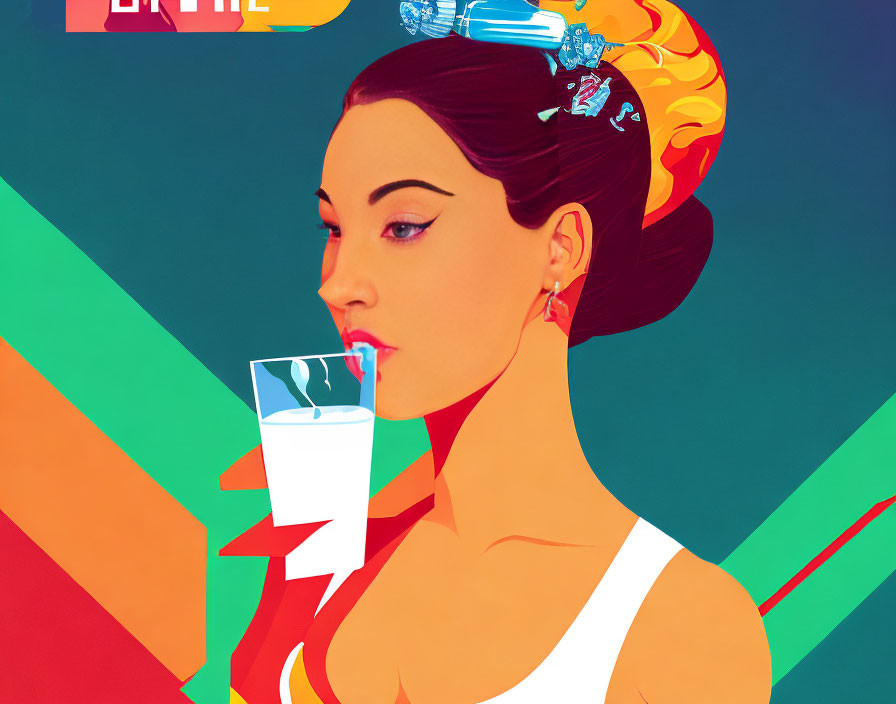 Woman with Styled Hair Drinking Milk Against Colorful Geometric Background