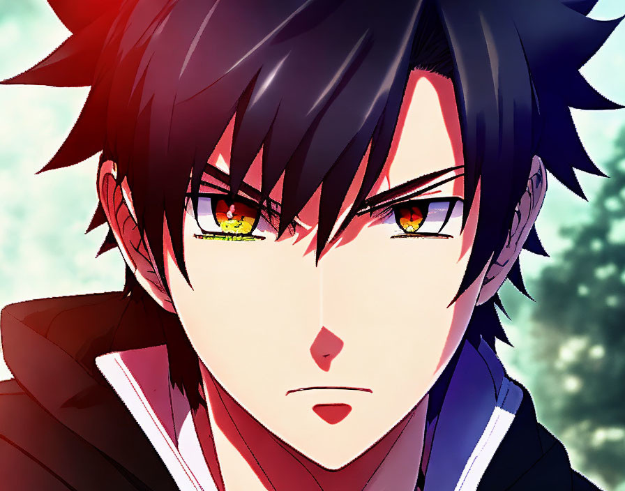 Spiky Black Hair Anime Character with Yellow Eyes in Nature