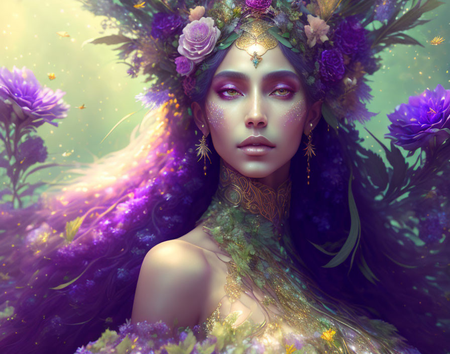 Fantasy figure with violet floral crown and golden jewelry in a magical setting.