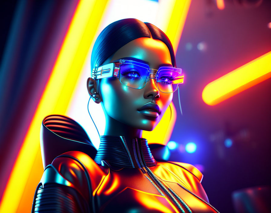 Futuristic woman in 3D with neon lights backdrop