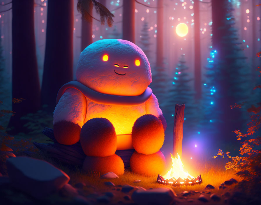 Friendly Robot by Campfire in Magical Forest at Dusk