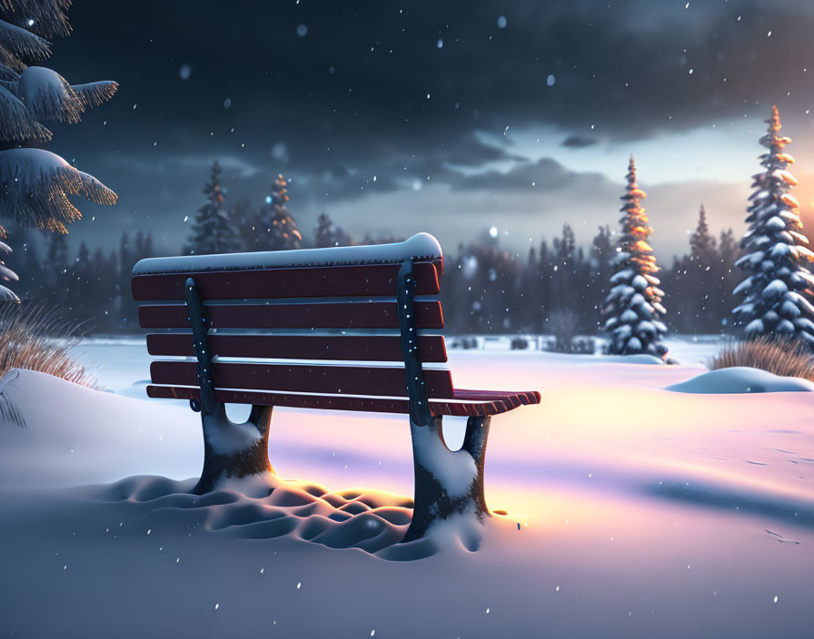 Snow-covered bench in serene winter scene with twilight sky and falling snowflakes