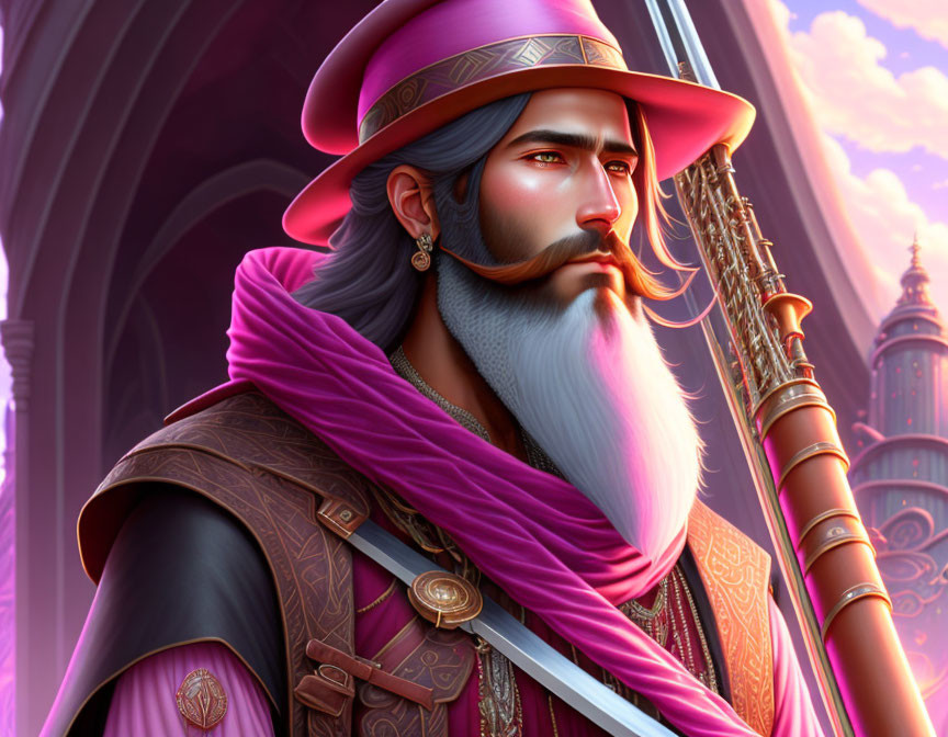 Regal man with grey beard in magenta attire at fantasy castle.