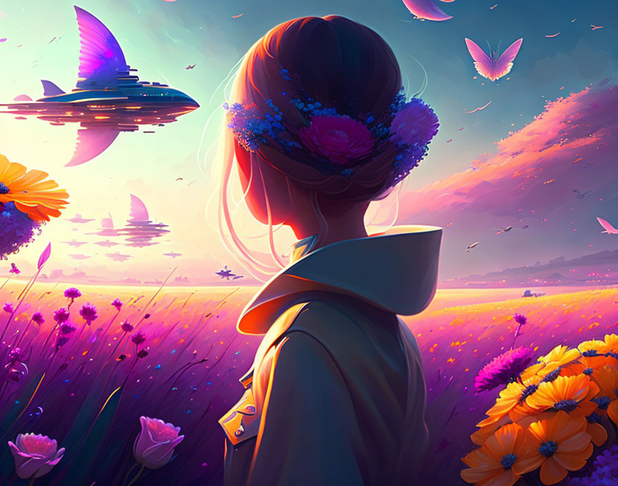 Girl with Floral Wreath Gazing at Sunset Sky with Spaceship, Butterflies, and Flowers