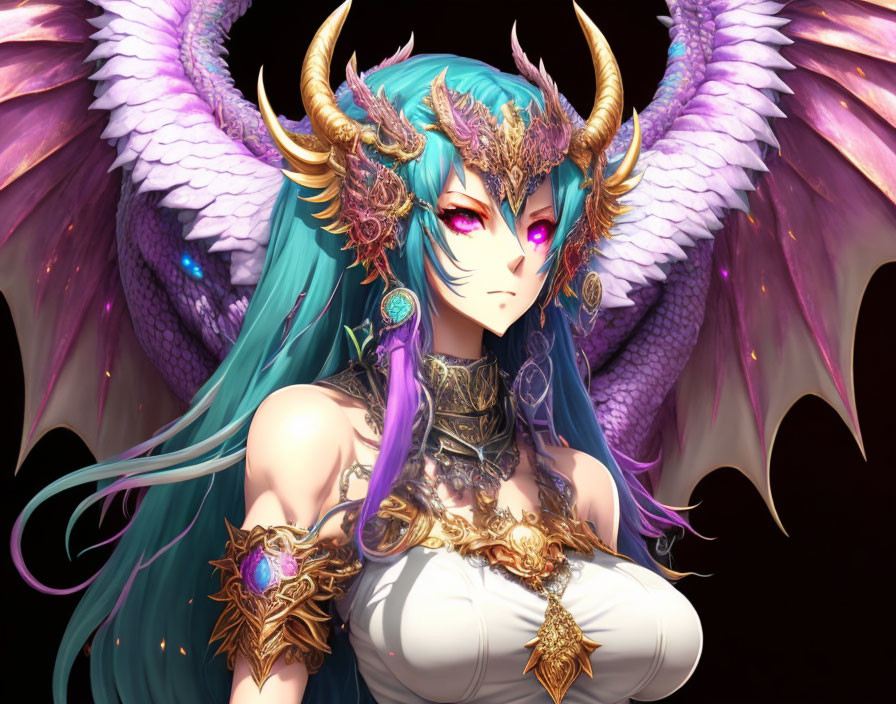 Mystical creature with blue-green hair, golden horns, white wings, and captivating gaze