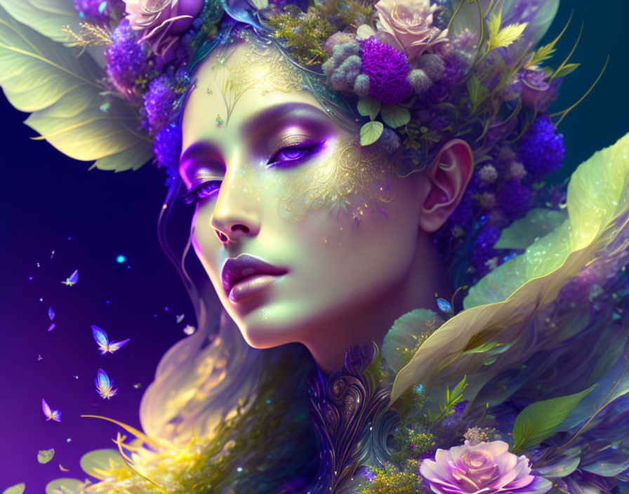 Fantasy illustration of woman with floral headdress and butterflies