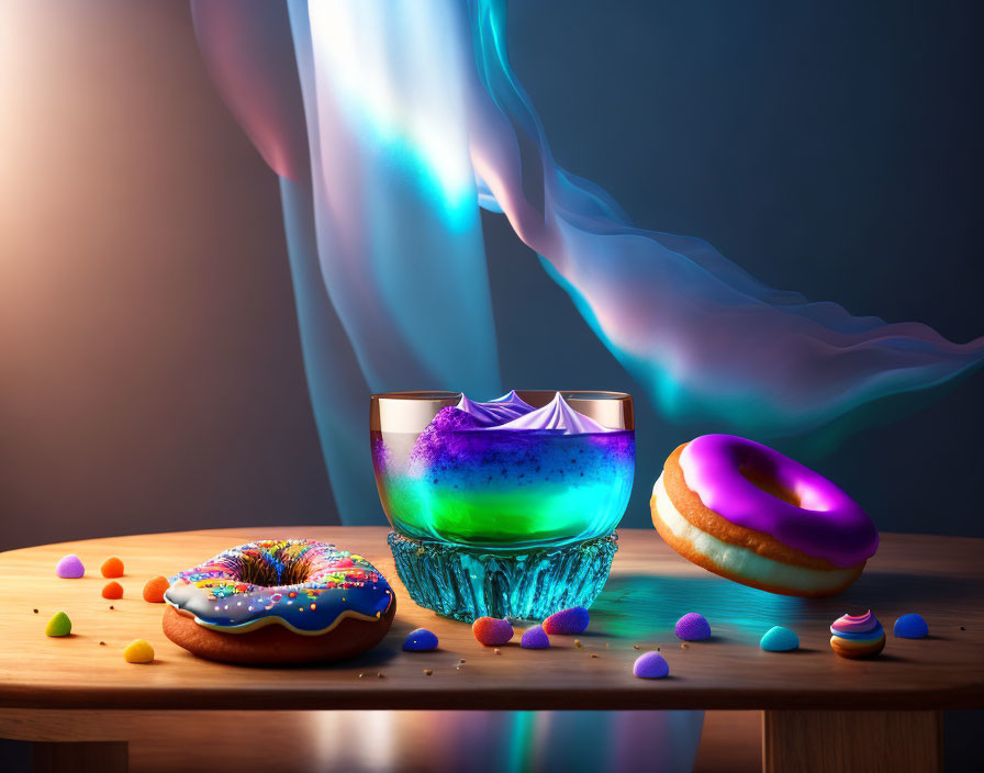 Vibrant cocktail, whipped cream, doughnuts, candies on wooden table