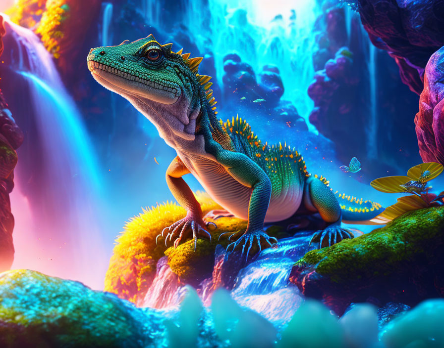 Colorful Iguana in Vibrant Waterfall Setting