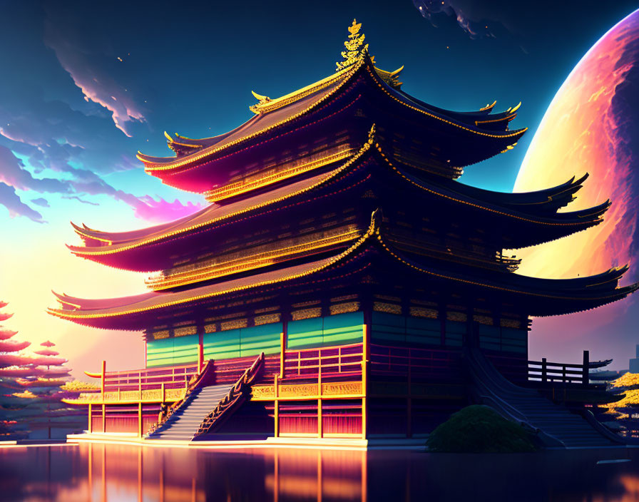 Traditional Japanese Pagoda under Twilight Sky with Large Planet in Background