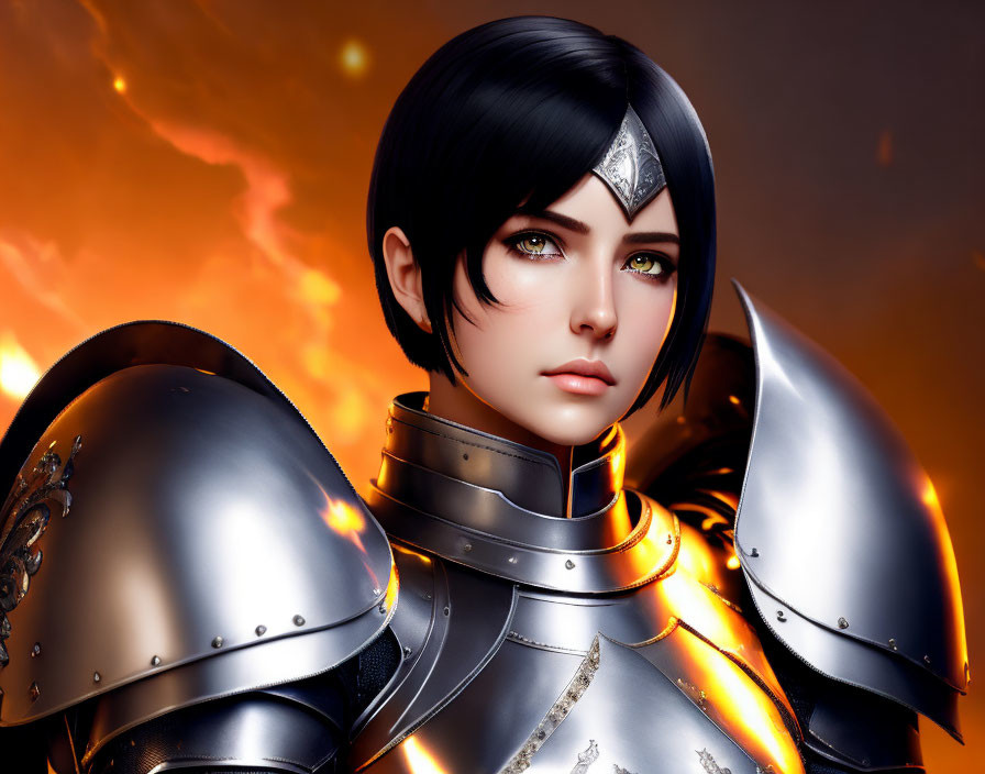 Digital portrait of female warrior in silver armor against fiery backdrop