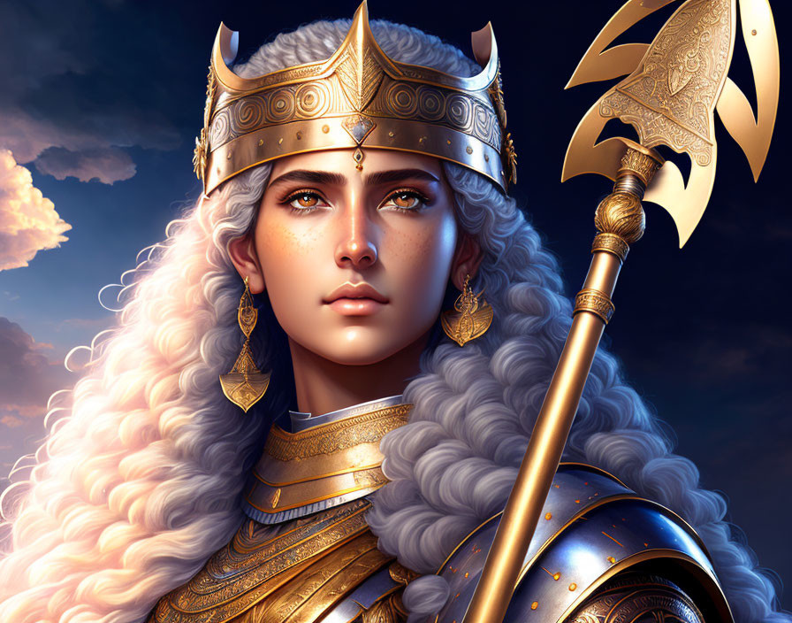 Blonde Curly-Haired Female Warrior in Golden Armor with Spear