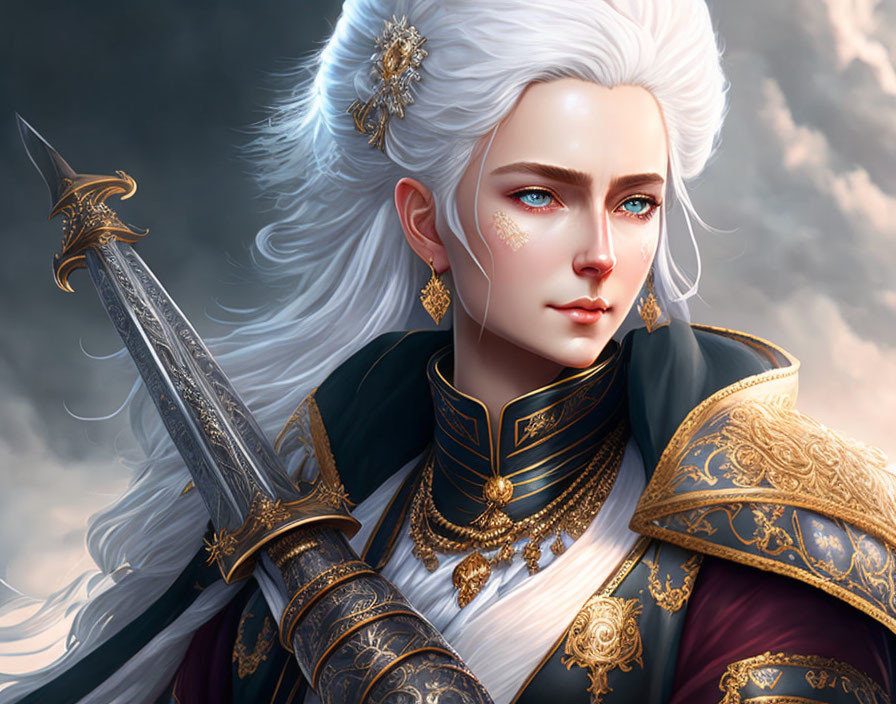 Fantasy warrior with white hair, red eyes, detailed sword, gold jewelry, and decorated cloak