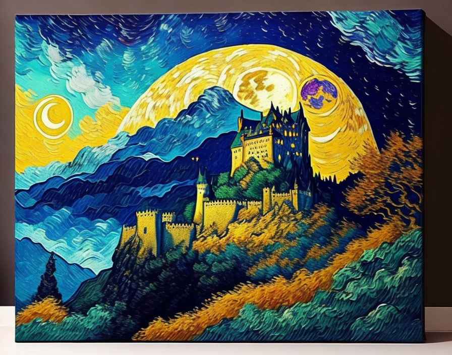 Castle painting under starry sky with moon in Van Gogh style