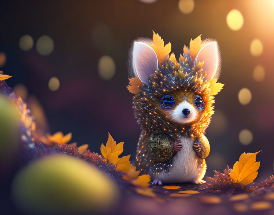 Fluffy creature with big eyes and autumn leaves in warm, bokeh-lit scene