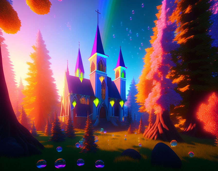 Vibrant fantasy church illustration in magical forest at twilight