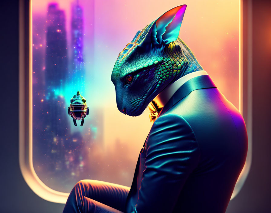 Reptilian humanoid in suit observes futuristic cityscape from aircraft window