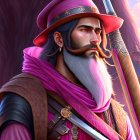 Regal man with grey beard in magenta attire at fantasy castle.