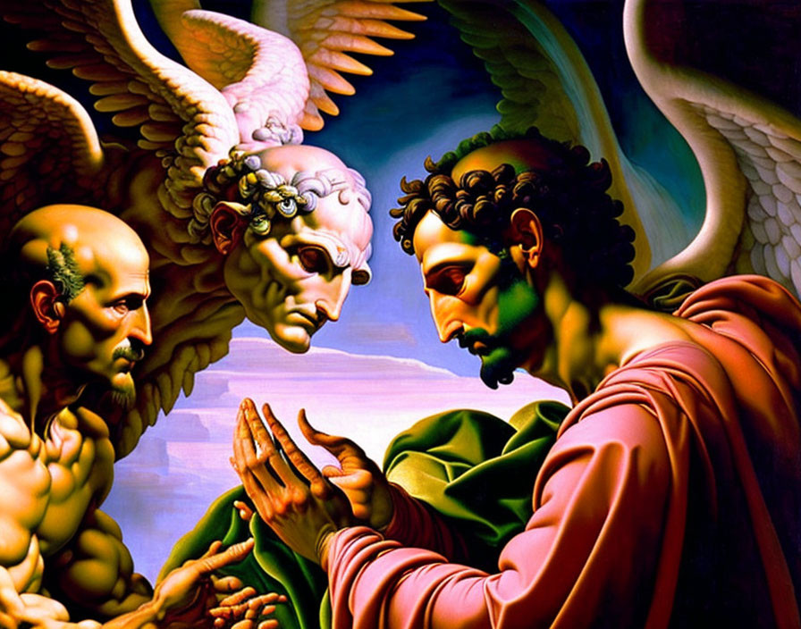 Colorful painting of three figures with wings and halo in deep interaction