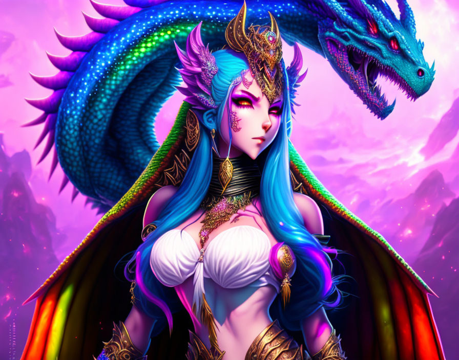 Fantasy female warrior with blue hair in golden armor with blue dragon in pink-purple sky