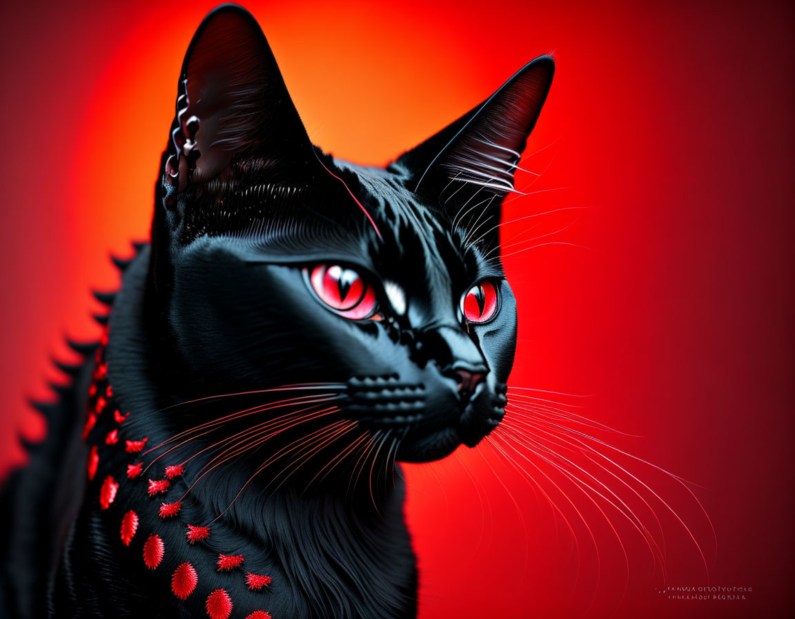 Digital Artwork: Black Cat with Red Eyes on Red Background