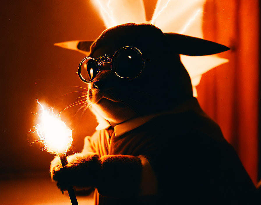 Cat in Glasses and Sweater Holding Sparkler with Dramatic Silhouette