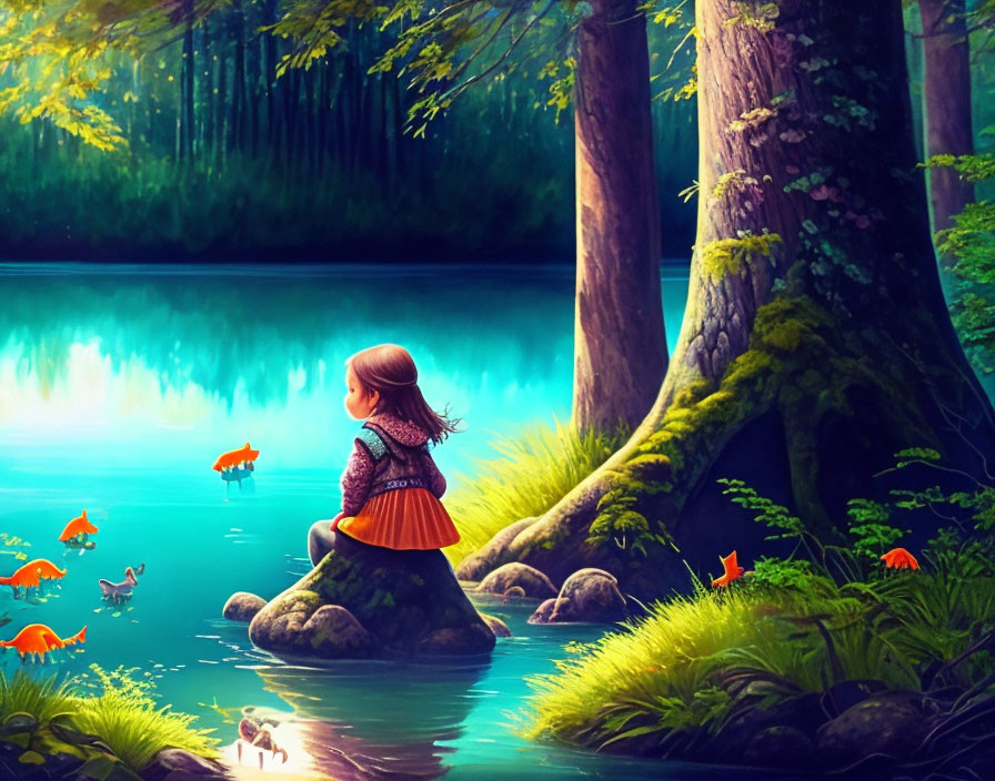 Young girl by forest lake watching orange fish in blue water