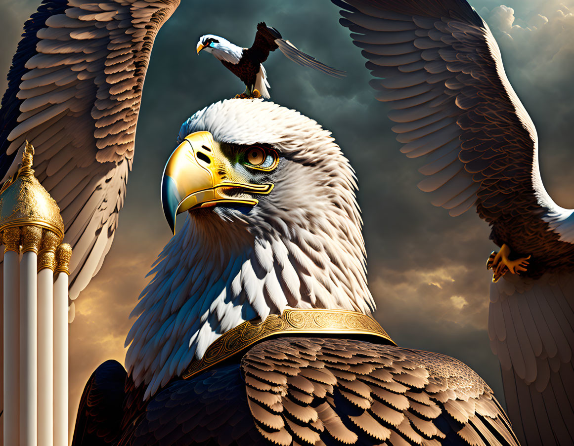 Digital Art: Majestic Eagle with Bird on Staff Against Cloudy Sky