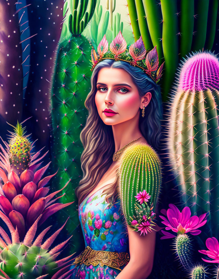 Vibrant woman with floral crown in cactus garden at night