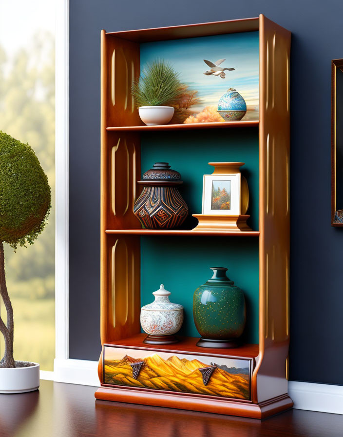 Wooden Bookshelf with Decorative Items Against Blue Wall and Bonsai