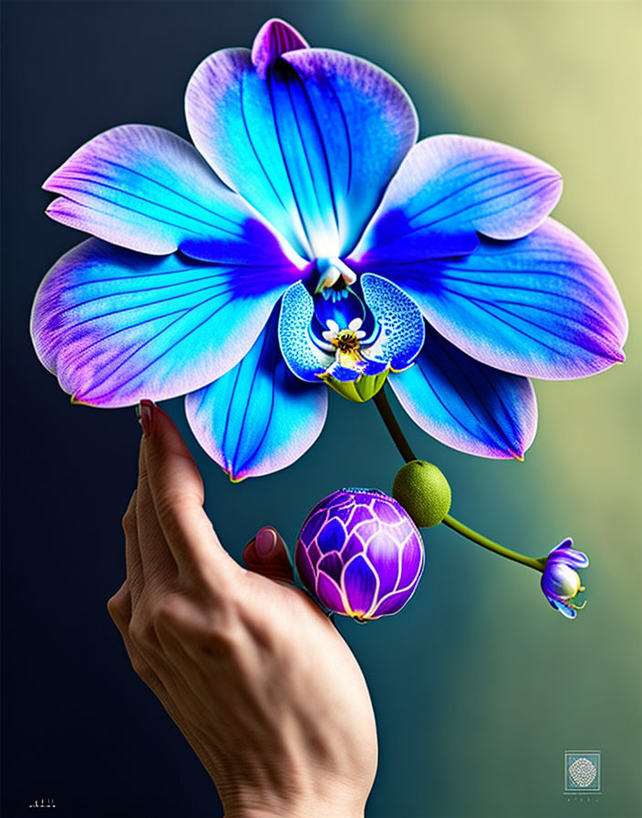 Vibrant blue and purple orchid held by hand with painted nails