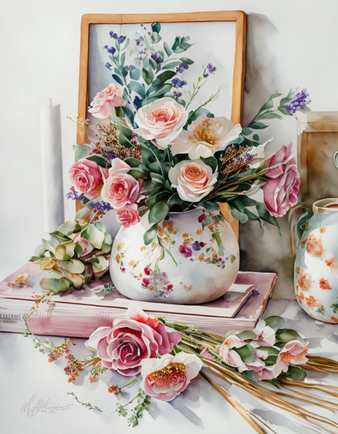 Classic Still-Life Painting with Vase, Flowers, Books, Candle, and Table