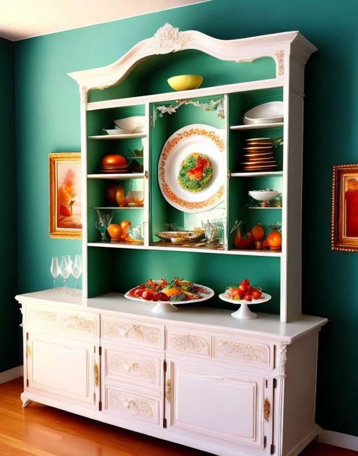 White china cabinet with decorative dishes and fruits against teal wall and ornate golden frames.