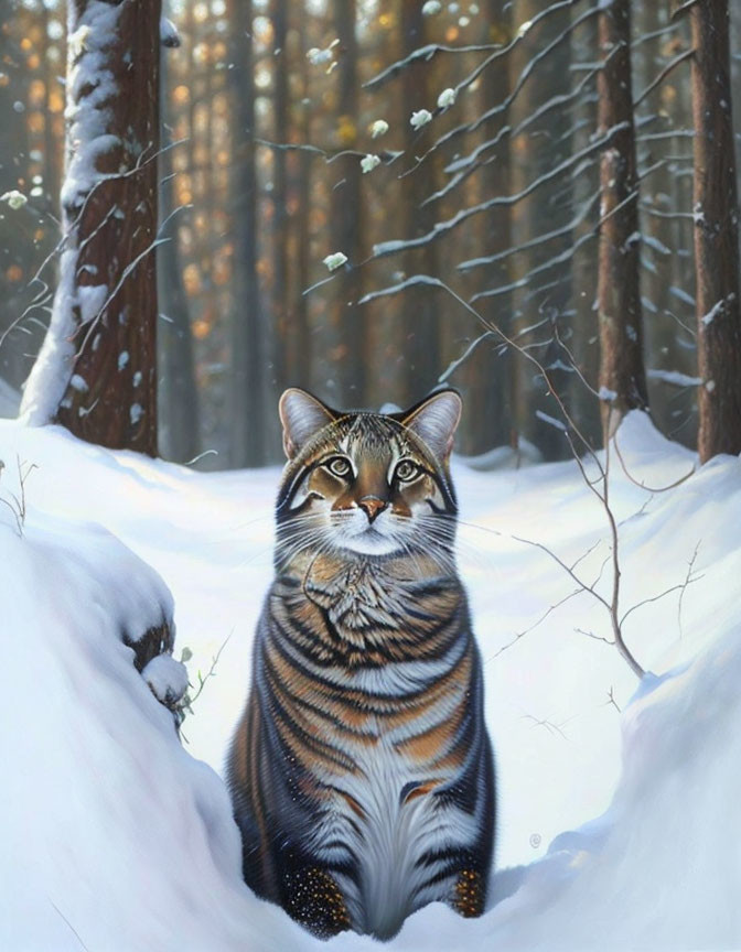 Realistic painting of tabby cat in snowy forest with light and snowflakes.