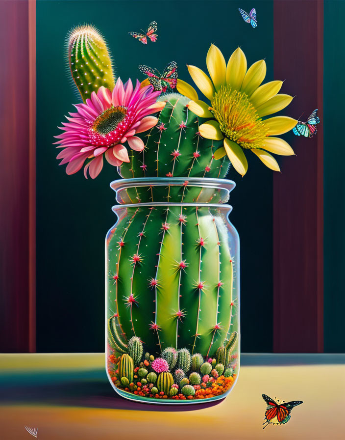 Colorful painting of cacti, succulents, flowers, and butterflies