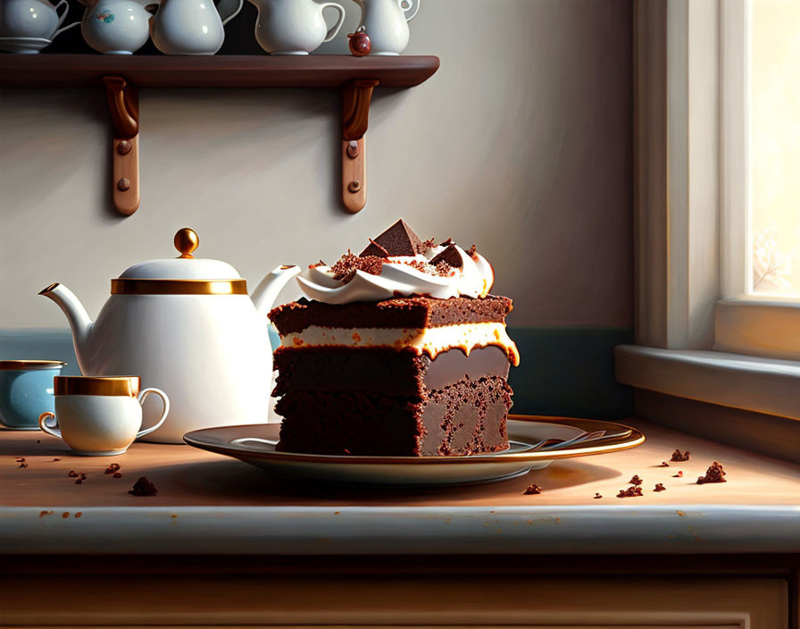 Chocolate cake slice with cream and shavings on a plate beside teapot and cup in soft-lit