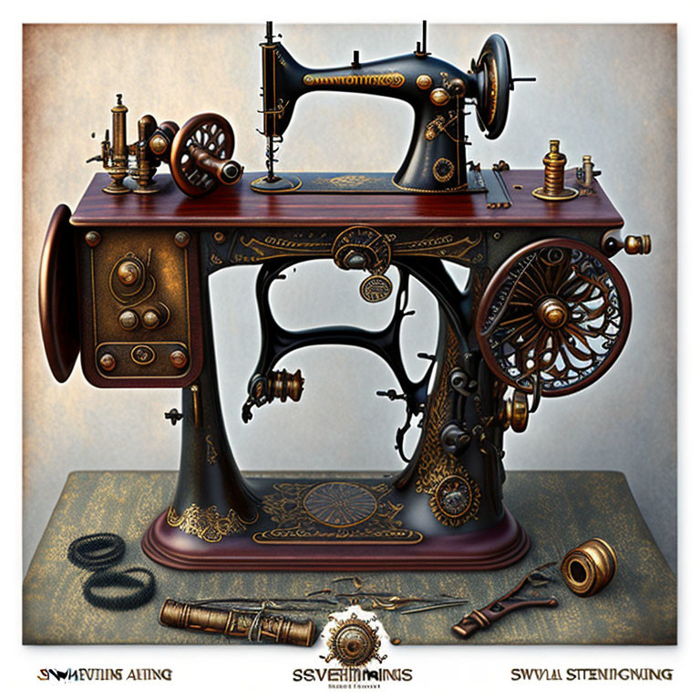 Steampunk-inspired sewing machine with brass details and gears on textured background