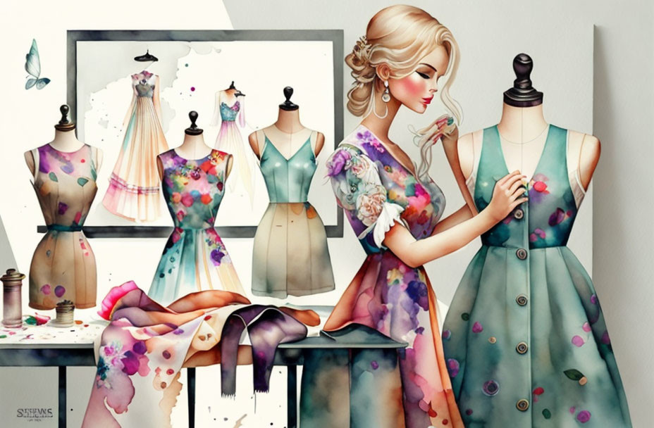 Elegant woman adjusting floral dress on mannequin with fashion sketches.